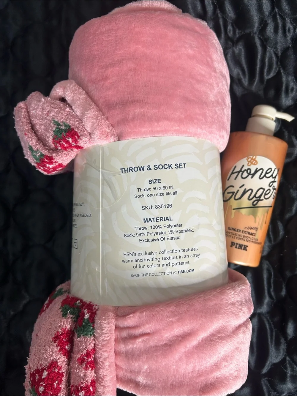 NWT Pink Plush Throw & Sock Set duo with PINK honey ginger body lotion.